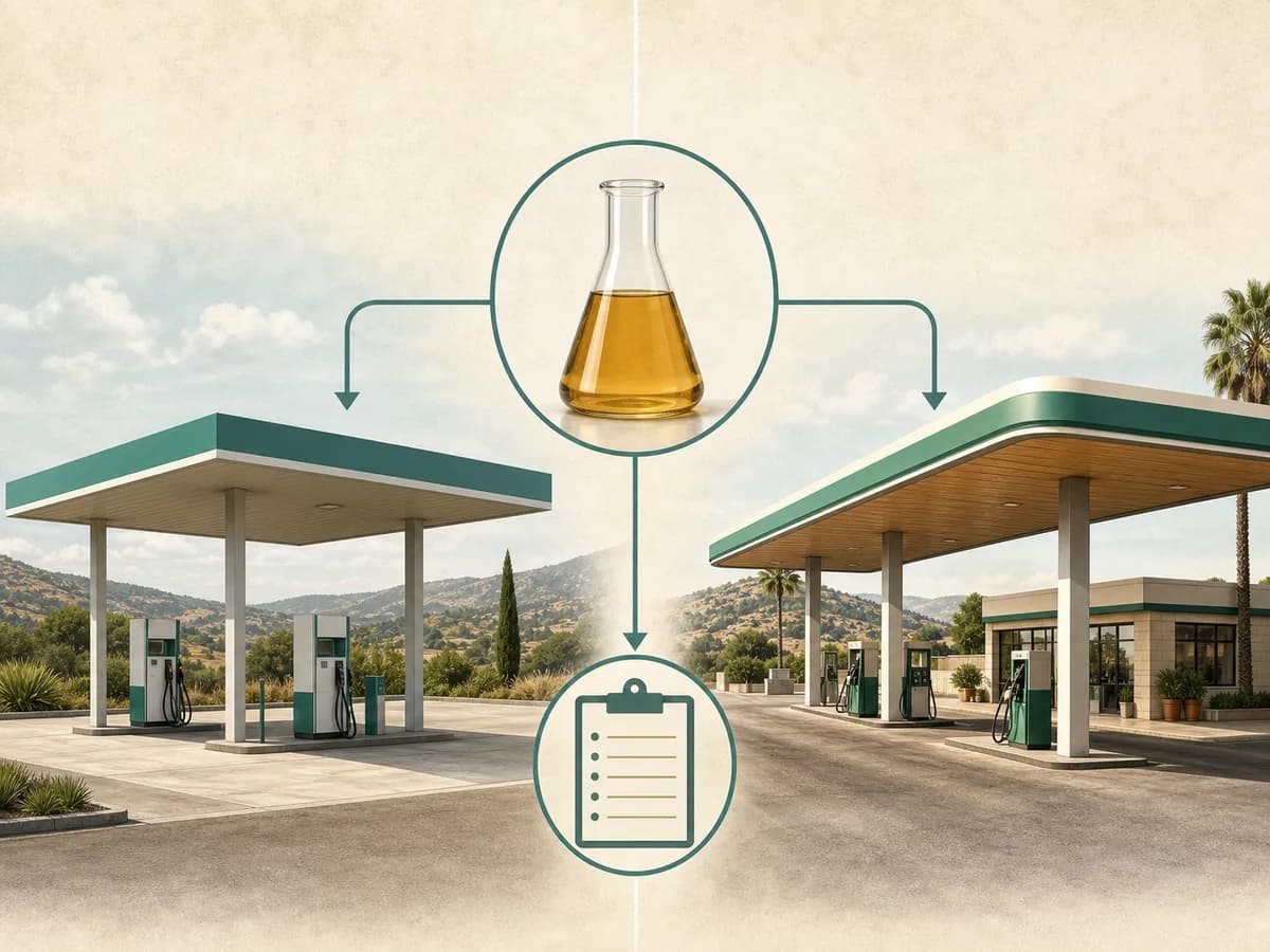 Escena editorial de dos surtidores genéricos y una ficha técnica de combustible sin marcas