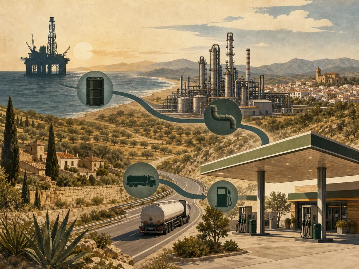 Ilustración editorial de la cadena que conecta petróleo, refinería, transporte y surtidor en España