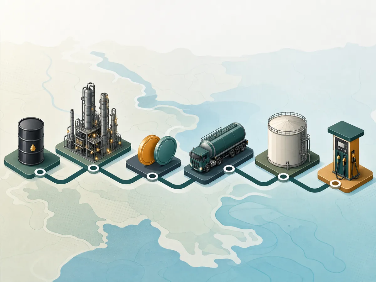 Ilustración editorial de un barril, una refinería y un surtidor conectados por una cadena logística