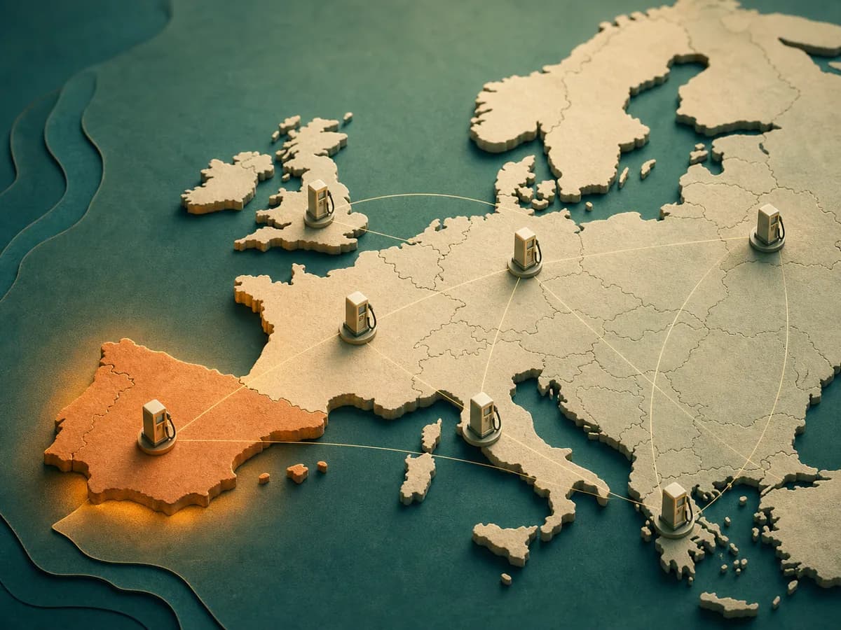 Mapa editorial abstracto de España y Europa con surtidores sin marcas ni precios