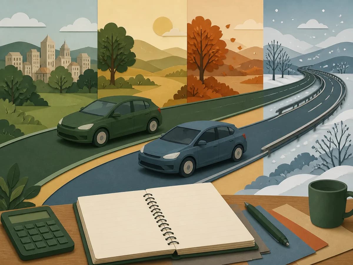 Dos coches genéricos sin marcas recorren paisajes estacionales junto a una libreta de costes