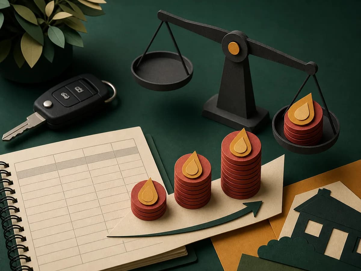 Presupuesto doméstico editorial con un coche genérico y una escala ascendente sin cifras falsas